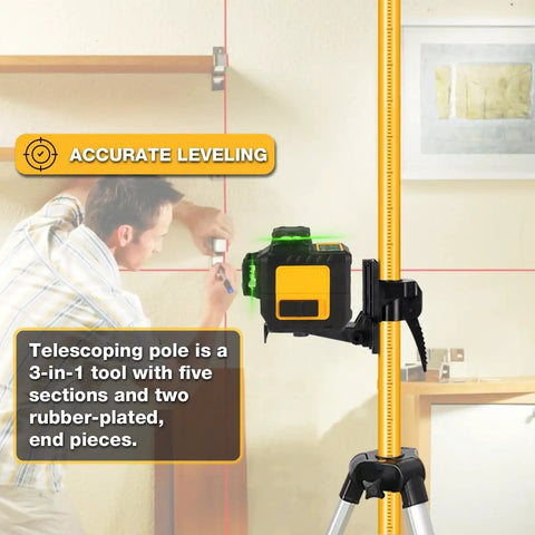 Telescoping Laser Level Pole Kit 12 Ft 3.6 M with adjustable tripod and laser mount in use for precise alignment