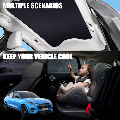 Blazeray foldable glass roof sunshade for Ford Mustang Mach-E (2021–2025), black, blocks UV rays; installed on roof
