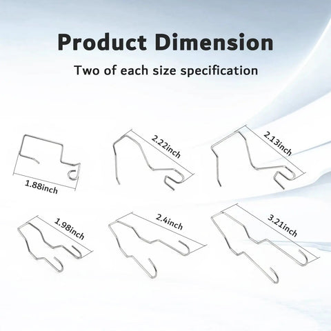 Universal Headlight Retaining Clip Set For H1 H3 H4 H7 Bulbs, 24 Pieces In 12 Sizes Displayed with Dimensions