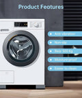 Anti Slip Washer And Dryer Foot Pads Four Pack under washing machine with features listed beside.