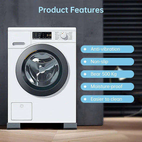 Anti Slip Washer And Dryer Foot Pads Four Pack under washing machine with features listed beside.