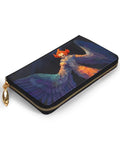 Colorful zippered wallet featuring artistic bird design, ideal for holding essentials,  stylish accessory with vibrant colors.