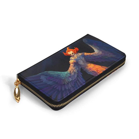 Colorful zippered wallet featuring artistic bird design, ideal for holding essentials,  stylish accessory with vibrant colors.