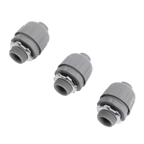 Rock Solid Liquid Tight Conduit Connectors 1 Inch Npt Nylon 6 Electrical Fittings For Outdoor Wiring Heavy Duty, three connectors in gray.