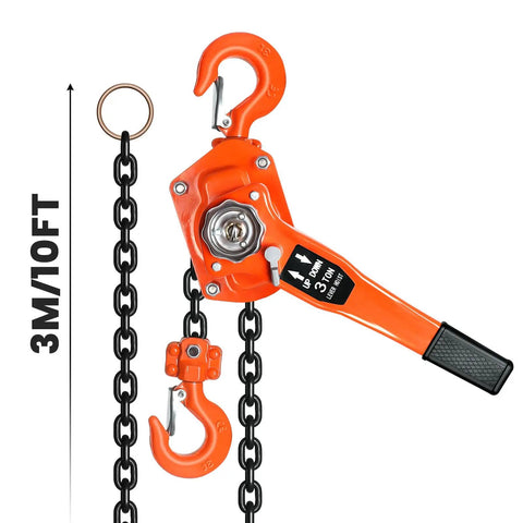 Built Tough 3 Ton Manual Lever Hoist with G80 galvanized chain and dual swivel hooks, 3M long for heavy lifting.