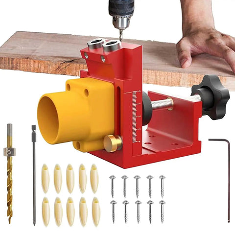 Top Shelf Aluminum Drilling Guide Jig For Cabinet Assembly And Woodworking With Zero Hassle Depth Controls, red jig set with drill bits and screws.