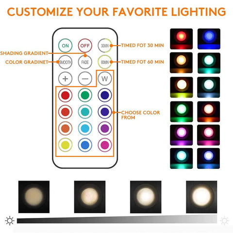 Remote control for 13 Color LED Puck Lights With Remote Control Wireless Battery Powered Stick On Under Cabinet Lighting, color options shown.
