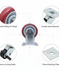 Diagram of Heavy Duty Polyurethane Plate Casters With Brakes, highlighting PU wheel, swivel mechanism, brake, and mounting plate.