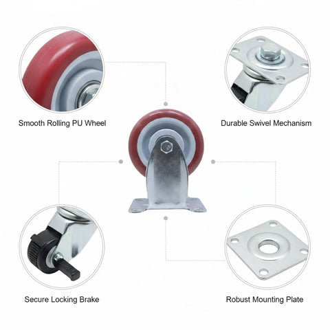 Diagram of Heavy Duty Polyurethane Plate Casters With Brakes, highlighting PU wheel, swivel mechanism, brake, and mounting plate.