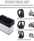 Electric Espresso Portafilter Cleaner With Knock Box And Dual Spin Brushes For Lightning Fast One Hand Cleanup featuring three brush heads for various portafilters.