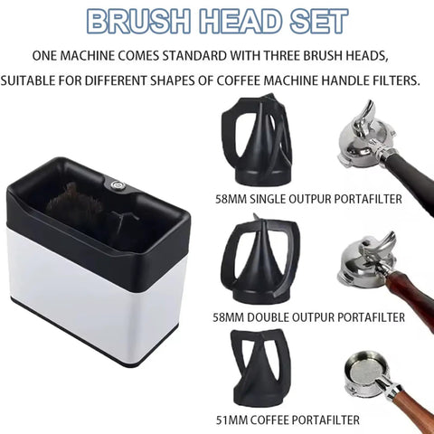 Electric Espresso Portafilter Cleaner With Knock Box And Dual Spin Brushes For Lightning Fast One Hand Cleanup featuring three brush heads for various portafilters.