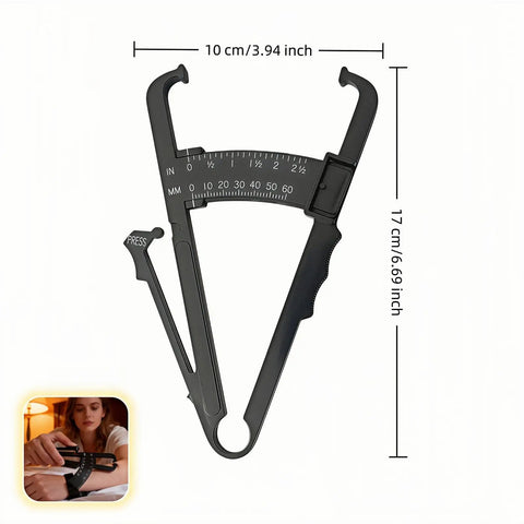 Ultra Accurate Body Fat Caliper With Dual Metric And Imperial Scales For Men And Women Portable Skinfold Tester For Home Gym Or Travel Easy Readout And Precise Millimeter Measurements For Real Progress. black plastic caliper, 17 cm x 10 cm, dual scale