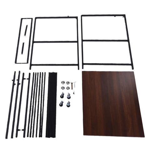 Badass Heavy Duty 3D Printer Stand With Filament Storage Rack and Solid Beech Wood Top parts laid out for assembly, steel frame and wheels included.