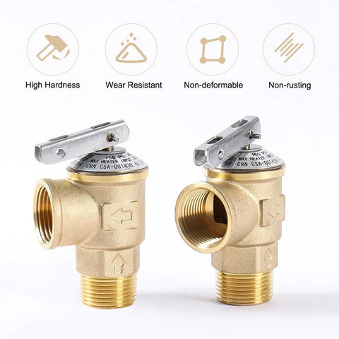 Two brass 3/4-inch NPT temperature and pressure relief valves with silver tops, shown front and side views.