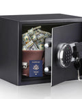 Small Digital Keypad Safe Box Half Cu Ft Wall Mounted Safe for Jewelry Cash Docs and Guns Easy Fast Access With Backup Key Override and Two Second Open showing open box with keypad and money inside.
