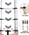 8.5ft Collapsible Telescoping Ladder With Locking Mechanism, showing aluminum structure, locking button, and folded view
