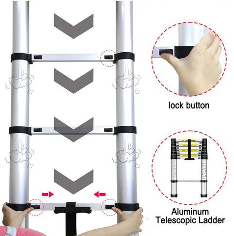8.5ft Collapsible Telescoping Ladder With Locking Mechanism, showing aluminum structure, locking button, and folded view