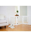 Palm Springs Designer Pet Gate That Is Pretty Slick 27 Inch Lightweight Solid Wood Frame With 360 Degree Hinges displayed in living room