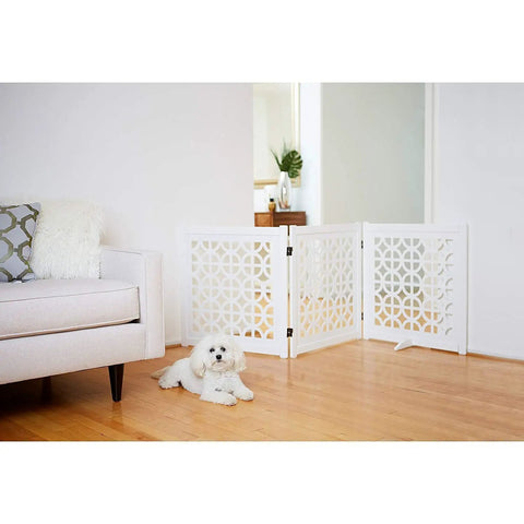 Palm Springs Designer Pet Gate That Is Pretty Slick 27 Inch Lightweight Solid Wood Frame With 360 Degree Hinges displayed in living room