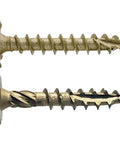 Heavy Duty Exterior Construction Lag Screws One And A Half Inch Torx Star Drive With Truss Washer Head Heat Treated Steel Triple Coated For ACQ Lumber Less Torque Maximum Holding Power Far Superior To Common Lag Screws 100 Screw Count, showing side view of screws