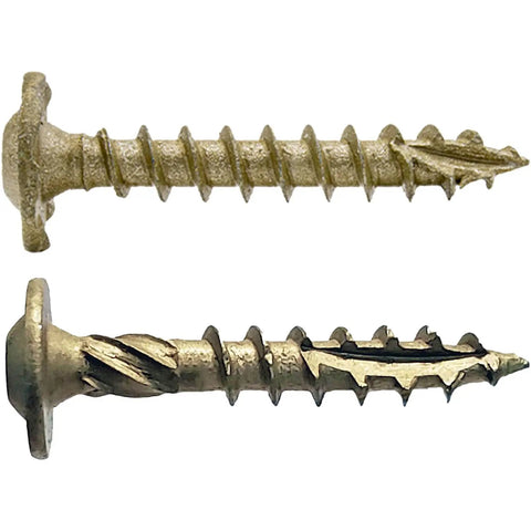 Heavy Duty Exterior Construction Lag Screws One And A Half Inch Torx Star Drive With Truss Washer Head Heat Treated Steel Triple Coated For ACQ Lumber Less Torque Maximum Holding Power Far Superior To Common Lag Screws 100 Screw Count, showing side view of screws