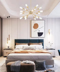 Bedroom with Huge 18 Light Black Sputnik Chandelier Mid Century Modern Pendant Lighting above bed, modern decor