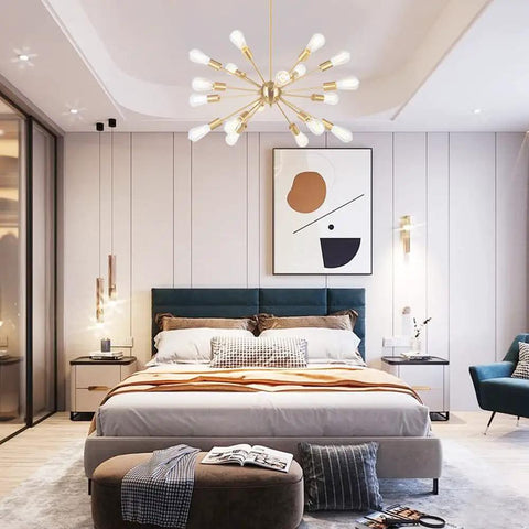 Bedroom with Huge 18 Light Black Sputnik Chandelier Mid Century Modern Pendant Lighting above bed, modern decor