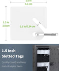 Diagram showing dimensions of a 50 Pcs 1.5 Inch Slotted Key Tags With Metal Snap Hooks White Plastic Hanging Tags for key cabinets.