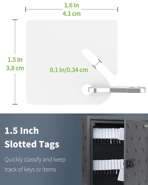Diagram showing dimensions of a 50 Pcs 1.5 Inch Slotted Key Tags With Metal Snap Hooks White Plastic Hanging Tags for key cabinets.