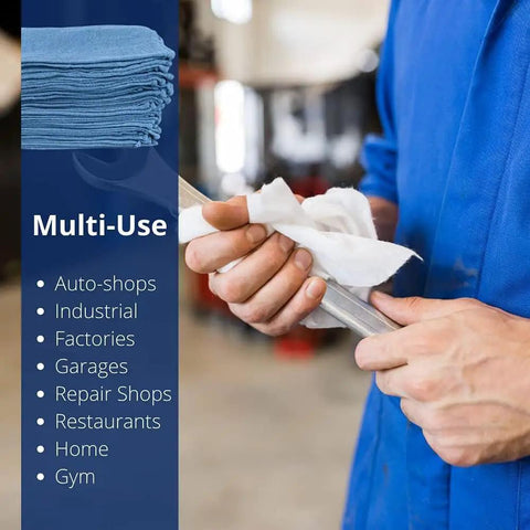 Person using Blue 12x14 Inch Shop Towels Set Of 50 Reusable 100 Percent Cotton Cleaning Cloths in an auto shop