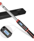 Pro Grade Half Inch Digital Torque Wrench with Angle and Preset Memory displaying 147.5 ft-lb with case in background