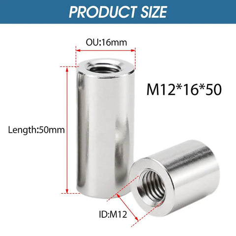 Five Pack Round Coupling Nuts M12 By 1.75mm 50mm Long 304 Stainless Steel Round Sleeve Stud Nuts Threaded Hardware For Bracket Building Maintenance Heavy Duty Connecting Rod Fasteners, 16mm OD, 50mm length