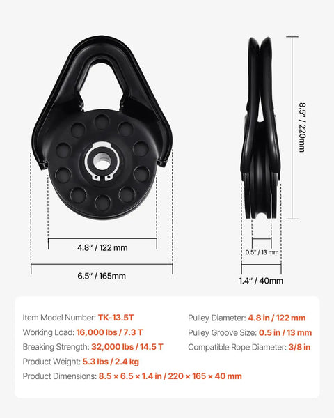 Heavy Duty 14.5 Ton Snatch Block For Winch Recovery With 32,000 Lbs Break Strength, Three Eighth Inch Rope Compatible, dimensions view