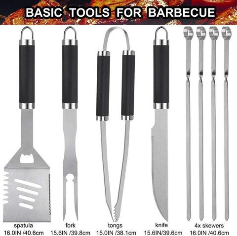 Basic tools 24 Piece BBQ Tool Set With Meat Thermometer And Injector In Extra Thick Stainless Steel Includes Spatula Fork Tongs