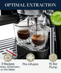 La Specialista Arte Espresso Machine Conical Burr Grinder brewing two espresso shots with pre-infusion, 15 bar pump.