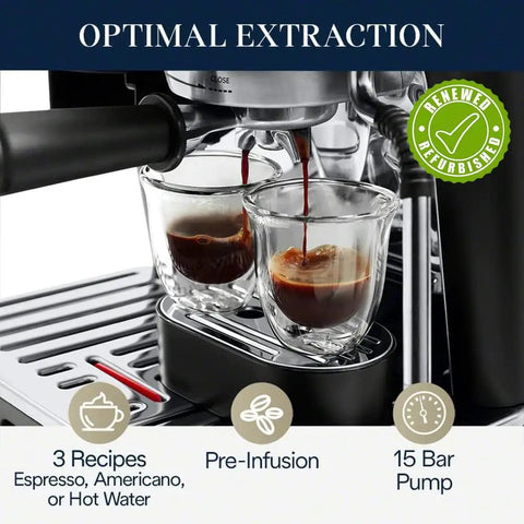 La Specialista Arte Espresso Machine Conical Burr Grinder brewing two espresso shots with pre-infusion, 15 bar pump.