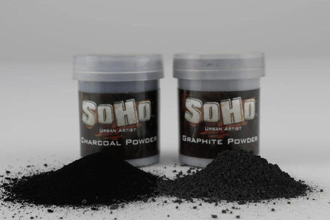 Urban Artist Graphite And Charcoal Powder 15 Gram For Soft Shading And Rich Pigment In Drawings, jars with spilled powder