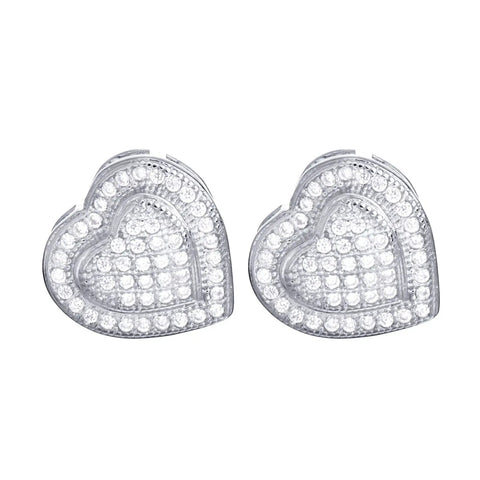 Solid Brass Micro Pave Double Heart Screw Back Stud Earrings, sparkling heart design with detailed embellishments.