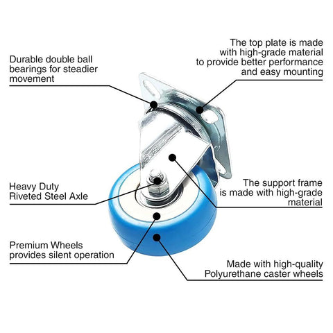 12 Pack 2 Inch Swivel Plate Caster Wheels Blue Polyurethane With 6 Brakes And 6 Non Brake Casters with annotations on features