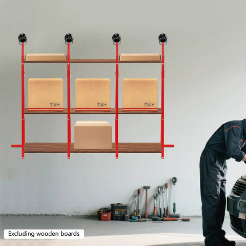 Side view of 4 Pack 52 By 19 Inch Red Industrial Shelf Brackets Beefy Heavy Duty Support for Storage Racks in a workshop.