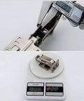 Frameless cabinet hinge, 1 pair, with hidden hydraulic soft-close; 170/175°, stainless steel; caliper/scale views.