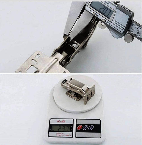 Frameless cabinet hinge, 1 pair, with hidden hydraulic soft-close; 170/175°, stainless steel; caliper/scale views.