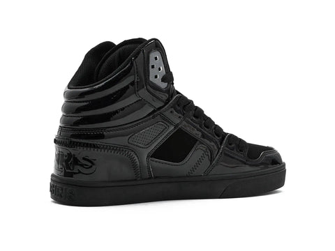 Clone Black Patent Silver Men's Skate Shoes Size 10 Medium with reinforced high abrasion uppers, side view
