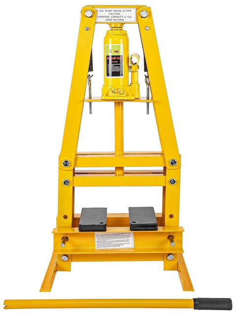 Front view of Hydraulic Shop Press With Steel Frame And Yellow Finish 6 Ton Bench Top Mount 4 1/4 Inch Working Range Includes 2 Press Plates