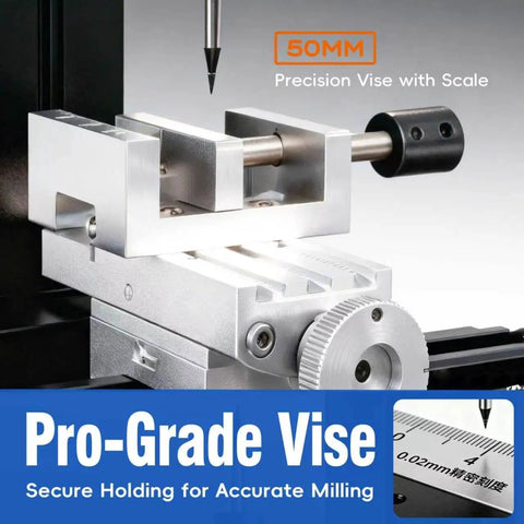 Top Tier Mini Metal Milling Machine And Vertical Mill Lathe With Slick Electroplated Body 36 Watt Motor Cranking 20000 RPM Precision vise for accurate holding.