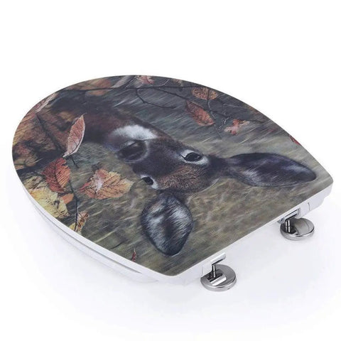 Plush MDF Padded Toilet Seat With Quick Release Hinges And Vivid Drip Pattern Print For Standard Round Bowls featuring deer design