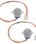 Two Pack Heavy Duty Rock Solid Five Wire Stepper Motors for CNC projects with colorful wires and connectors.