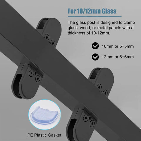 Heavy Duty Square Glass Railing Post In Sleek Black Finish Built Like A Tank Using Rust Resistant Stainless Steel, clamps 10-12mm glass.
