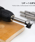 BAIDETS 8-piece Forstner drill bit set for wood, sizes 1/4 to 1-3/8 inch, shown in drill chuck.