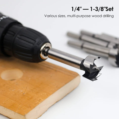 BAIDETS 8-piece Forstner drill bit set for wood, sizes 1/4 to 1-3/8 inch, shown in drill chuck.
